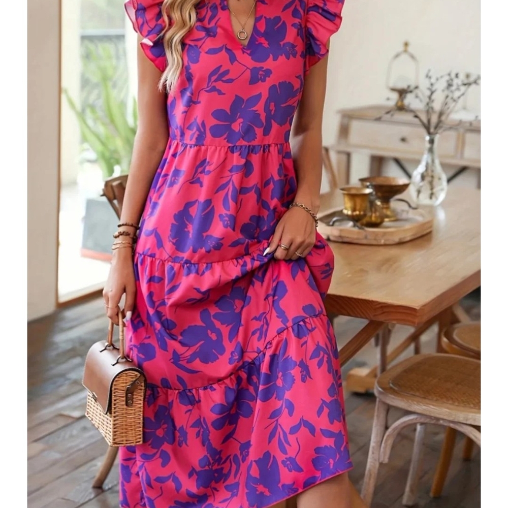 SHEIN Pink and Purple Floral Midi Dress